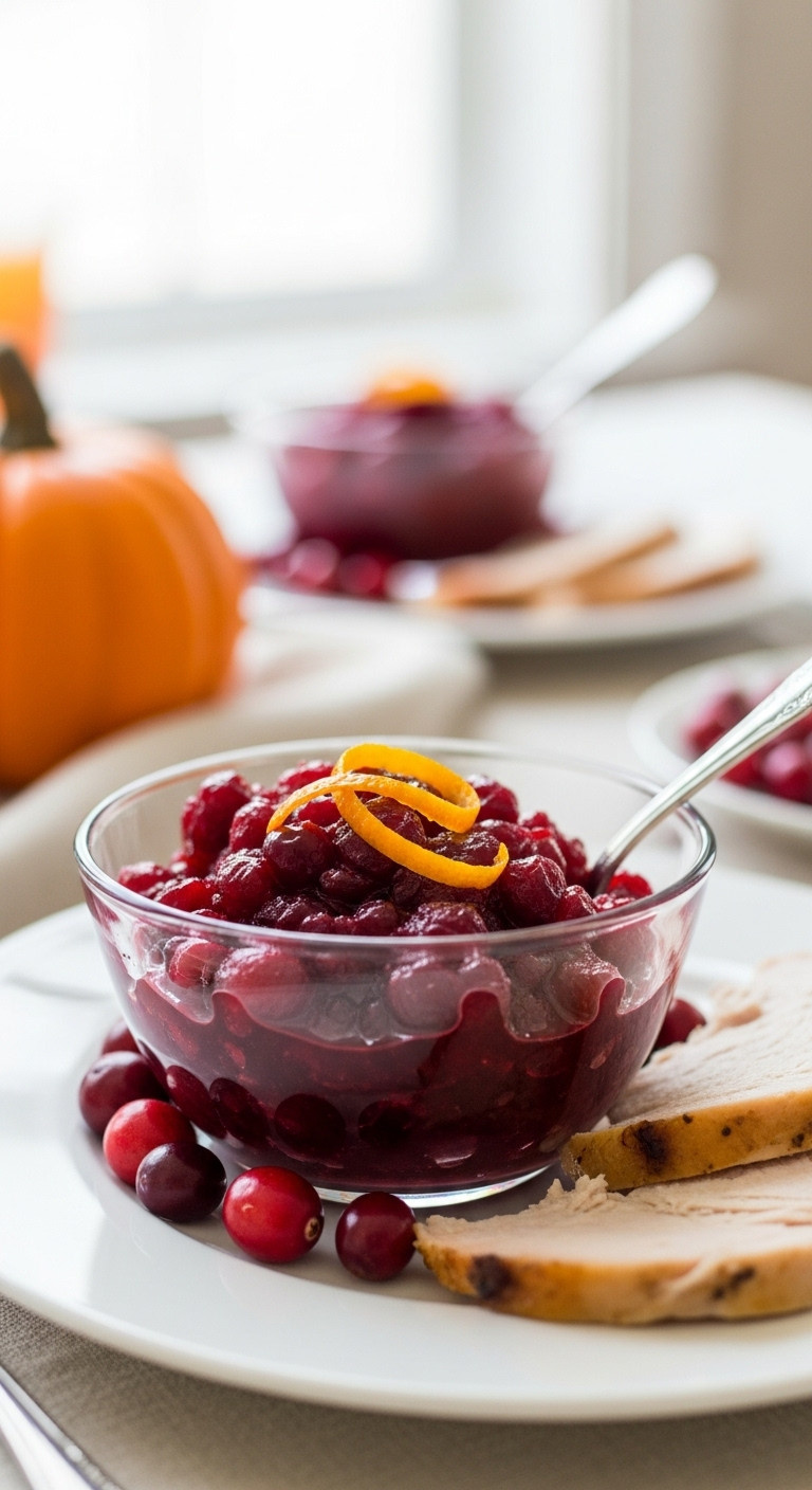 Jewel-Toned Homemade Cranberry Sauce With Whole Cranberries And Orange Zest In An Elegant Glass Bowl With A Spoon.