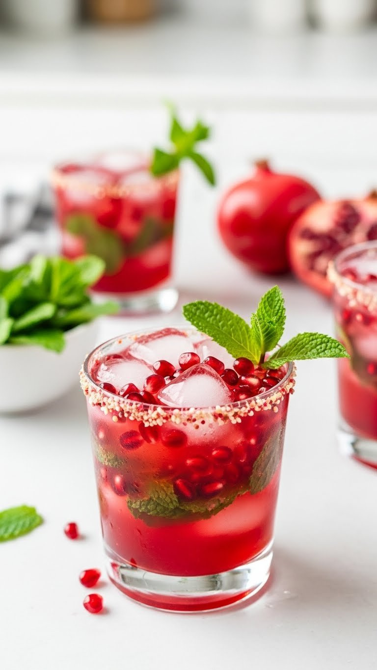 Jewel-Toned Pomegranate Mint Refresher Mocktail In Modern Tumbler With Fresh Mint And Ice