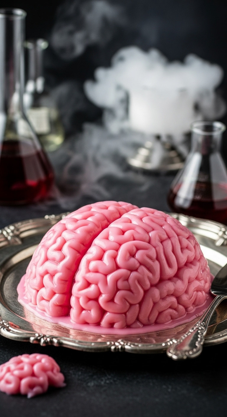 Jiggly Translucent Pink Jell-O Brain Mold With Intricate Details On A Fancy Silver Platter, Wisps Of Smoke. Spooky Halloween Treat.