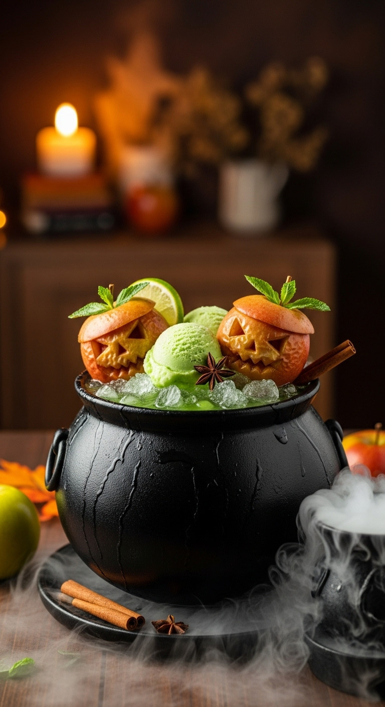 Jolly Rancher Green Apple Punch With Shrunken Apple Heads And Lime Sherbet In A Rustic Cauldron