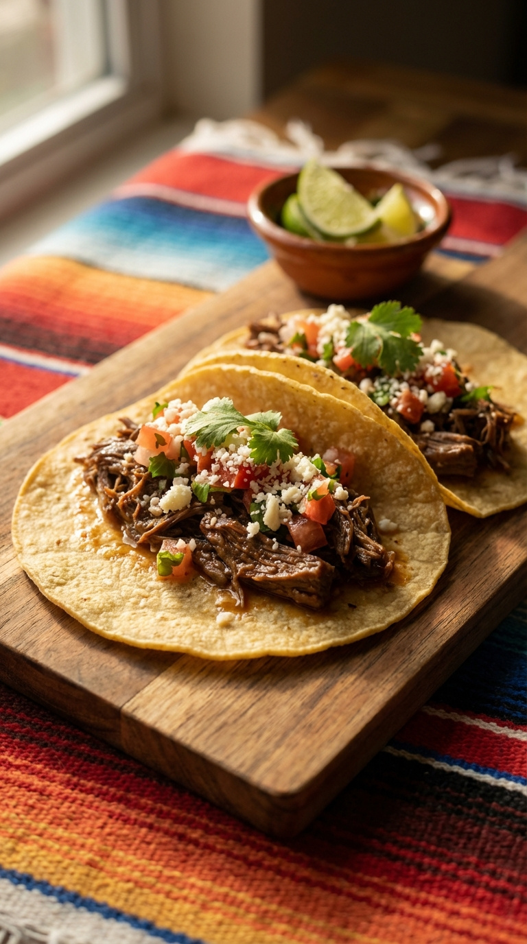 Juicy Instant Pot Beef Tacos With Pico De Gallo And Cotija Cheese On Rustic Wooden Board With Lime Wedges