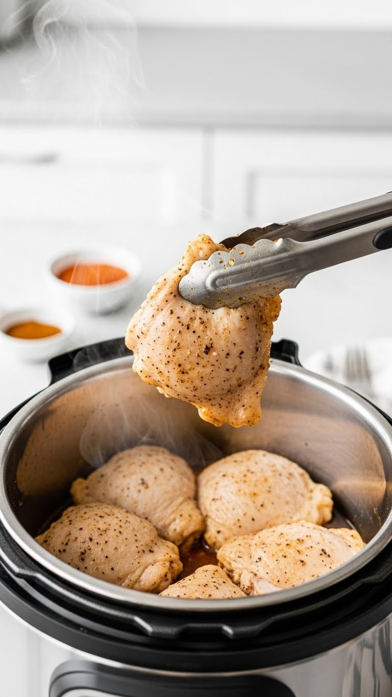 Juicy Instant Pot Chicken Thighs, Perfectly Cooked And Tender, Being Lifted With Tongs From The Pressure Cooker, Showcasing A Quick Meal.