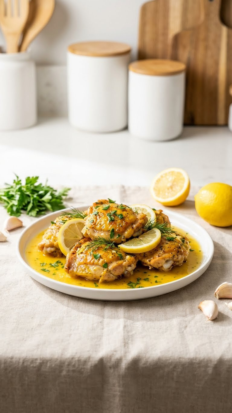 Juicy Instant Pot Lemon Garlic Chicken With Vibrant Sauce, Fresh Lemon Slices, And Herbs On A White Plate With Whole Lemons.