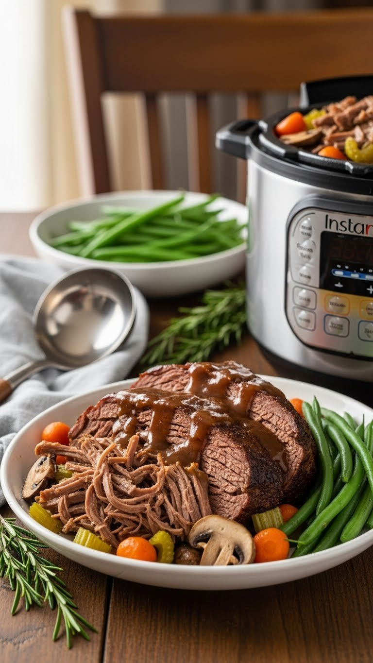 Juicy Instant Pot Low Carb Pot Roast With Rich Gravy, Carrots, Celery, And Rosemary, Served On A Rustic Wooden Table.