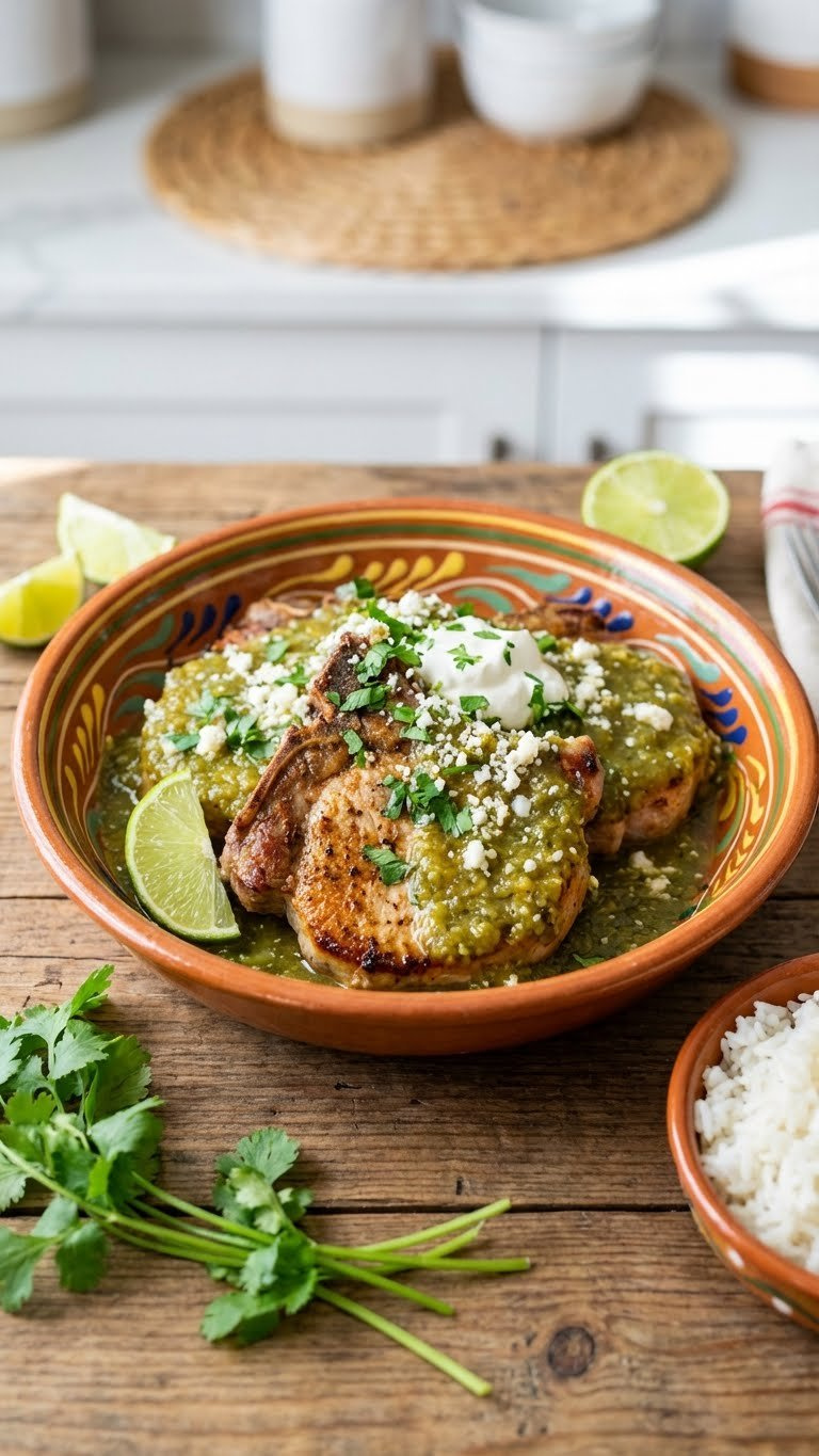 Juicy Instant Pot Pork Chops In Vibrant Chunky Salsa Verde, Garnished With Cilantro, In A Colorful Ceramic Bowl On A Rustic Table.