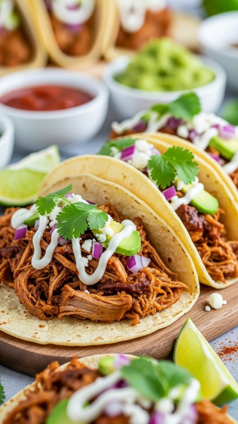 Juicy Instant Pot Shredded Pork Tacos With Fresh Cilantro, Red Onion, And Lime Crema Served On Warm Corn Tortillas.