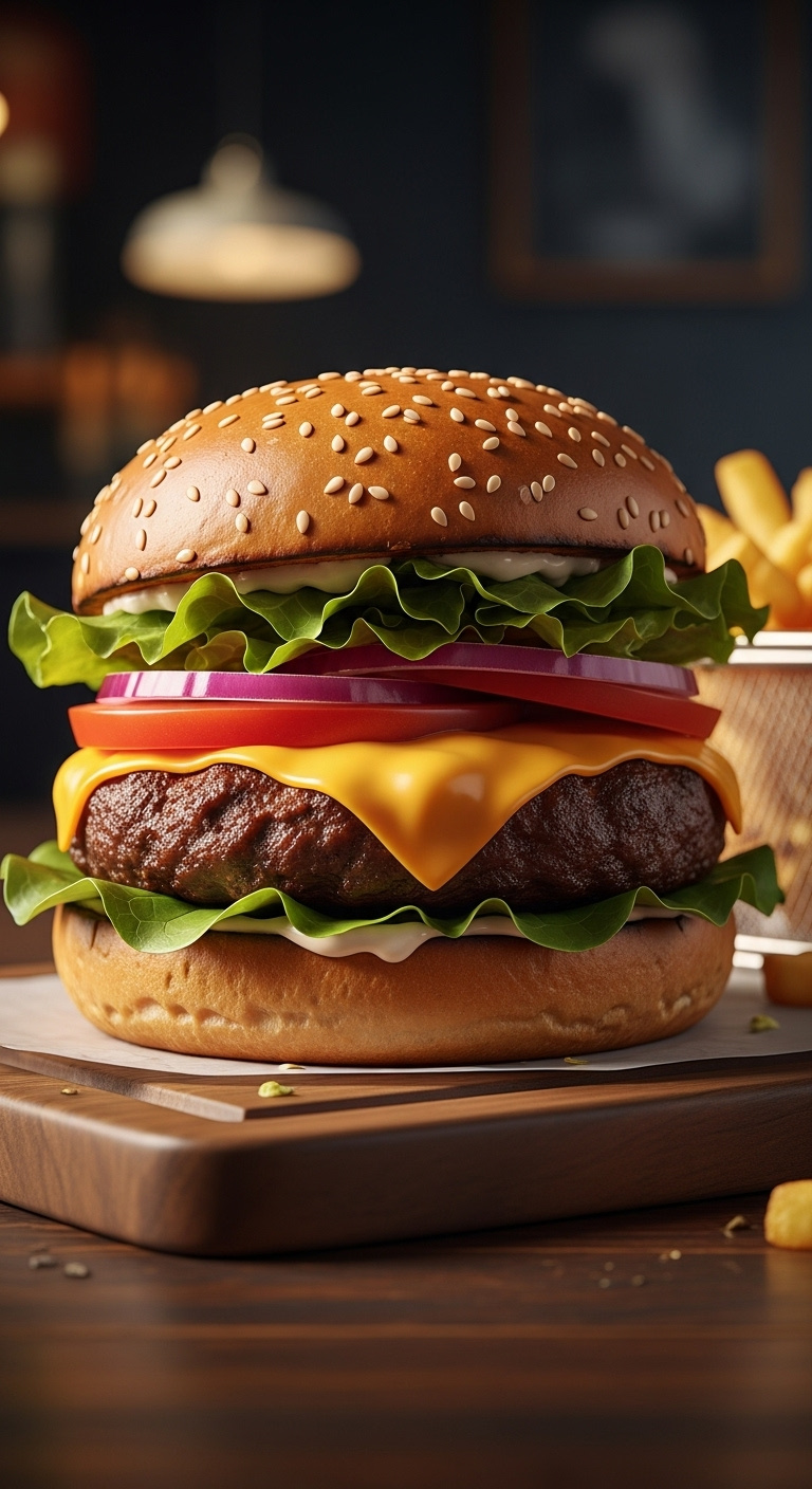 Juicy Ninja Foodi Hamburger On A Brioche Bun With Cheese Lettuce Tomato And Onion With French Fries