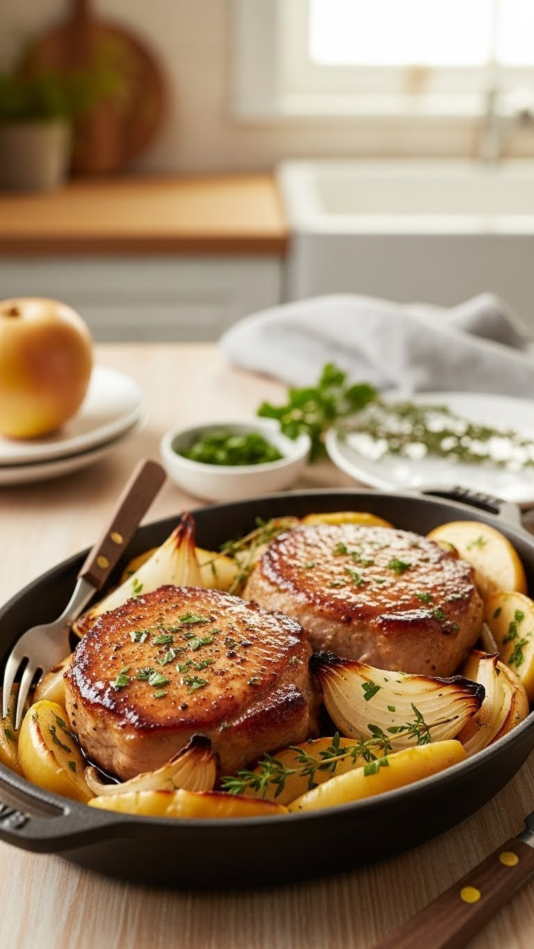 Juicy Baked Pork Chops With Caramelized Apples And Onions In Cast Iron Skillet