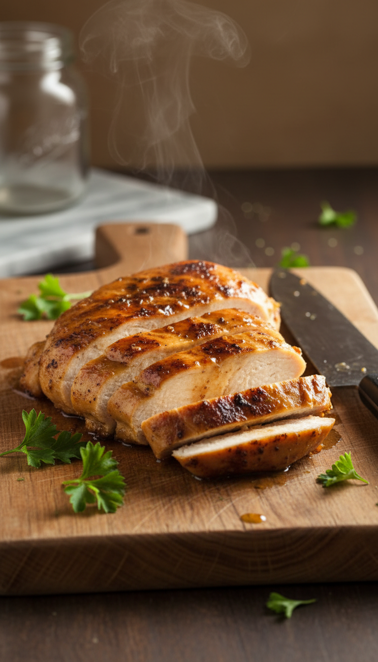 Juicy Chicken Breast Slices Glazed With Maple Dijon On A Rustic Wooden Cutting Board With Fresh Parsley.