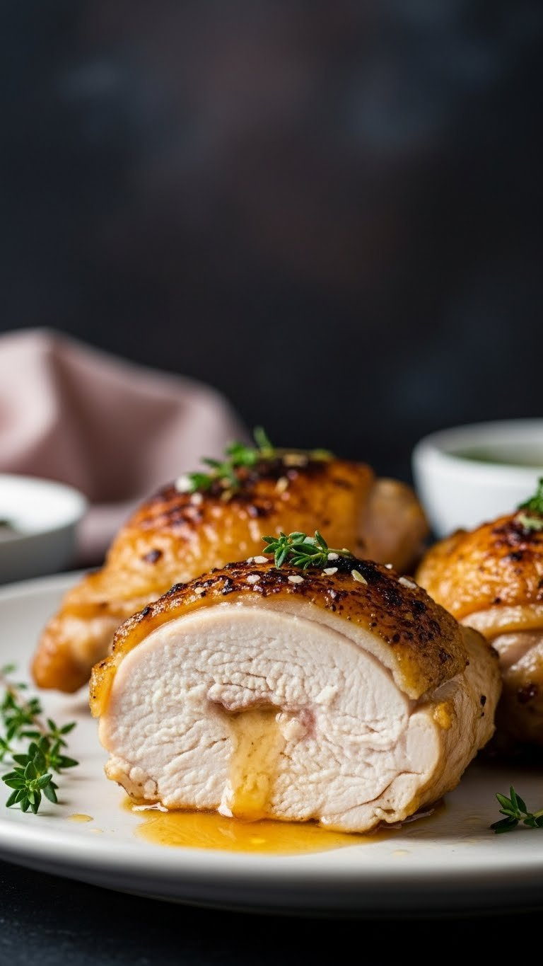 Juicy Cross-Section View Of Baked Chicken Thigh Revealing Tender, Moist Meat Against Dark Background