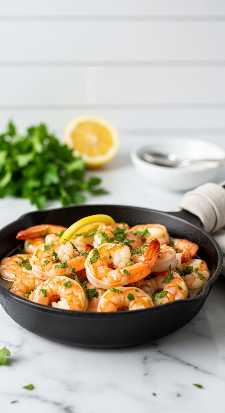 Juicy Garlic Butter Shrimp With Fresh Parsley, Lemon Wedge, And Linen Napkin In A Cast-Iron Skillet On Marble Countertop