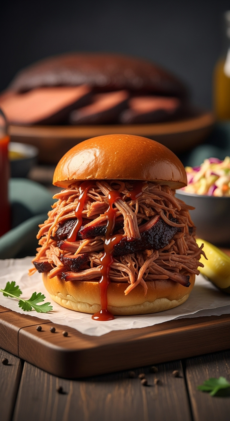 Juicy Glistening Slow Cooker Pulled Pork Piled High On A Brioche Bun With Coleslaw And A Pickle Spear On A Wooden Board
