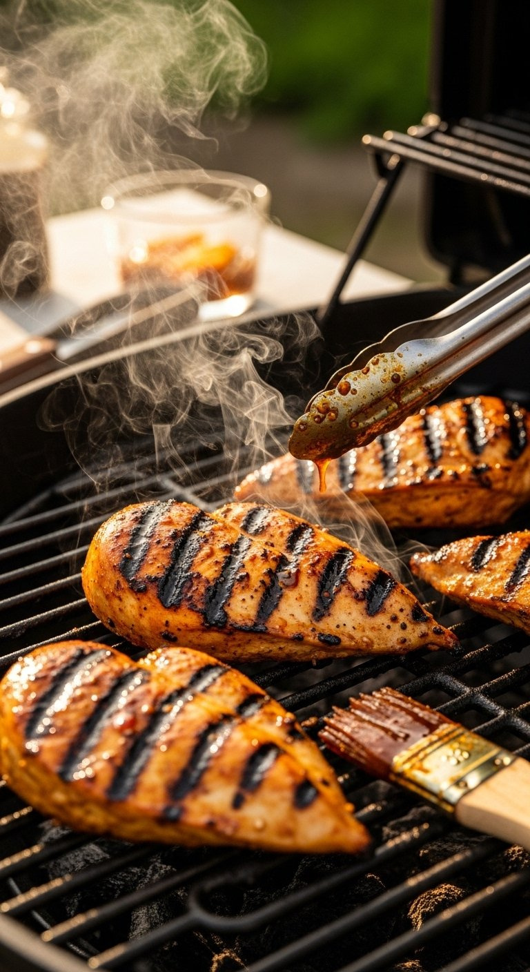 Juicy Grilled Korean Chicken Breasts With Dark Char Marks And Savory Glaze Resting On Grill Grates Surrounded By Garden Bokeh.