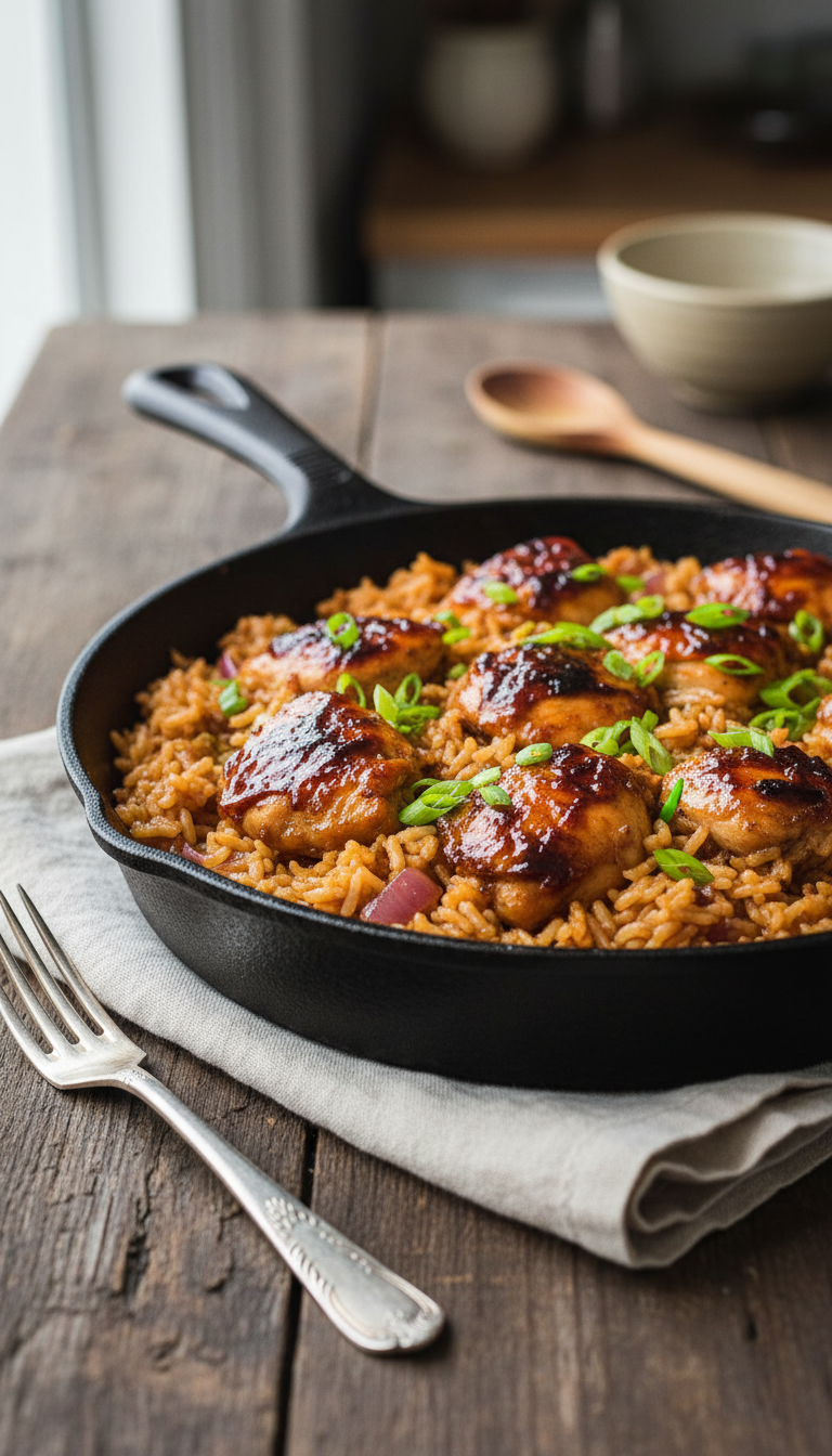 Juicy Honey Bbq Chicken Pieces Nestled In Fluffy Sauce-Infused Rice With Red Onion And Fresh Green Onion Garnish In A Cast Iron Skillet On A Rustic Wooden Table.