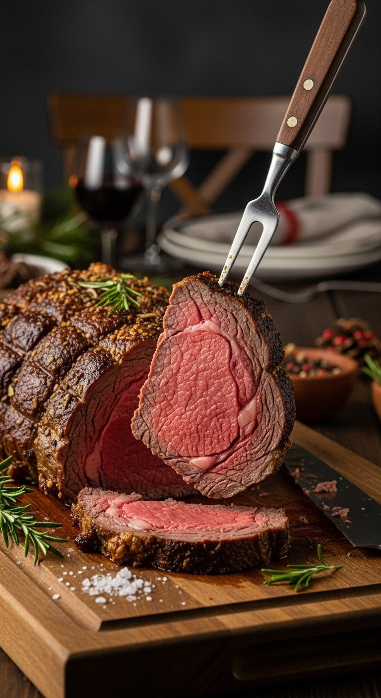 Juicy Medium-Rare Prime Rib Roast Slice Lifted From A Rustic Board With Rosemary And Sea Salt, Ready For A Christmas Dinner.