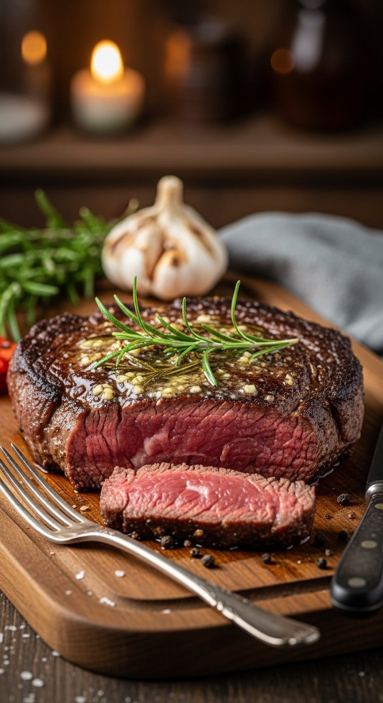 Juicy Pan-Seared Ribeye Steak With Melted Garlic Butter And Rosemary Sprigs Resting On A Rustic Wooden Cutting Board.
