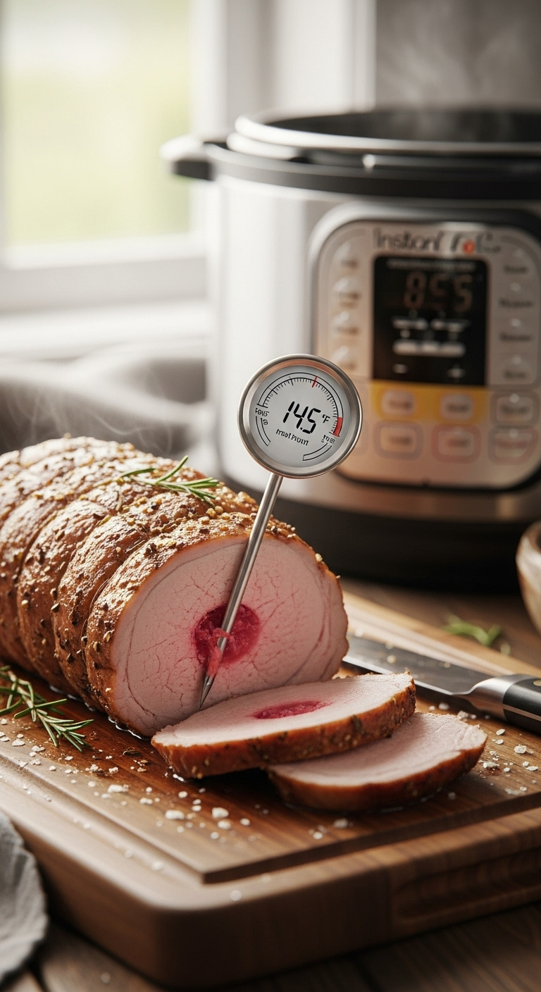 Juicy Pork Tenderloin Resting On A Cutting Board With Thermometer Showing 145F And Sliced Pieces
