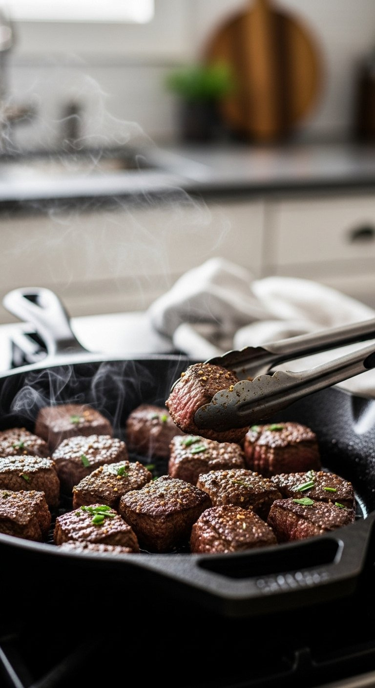 Juicy Seared Steak Bites Cooking In A Black Cast Iron Skillet With Tongs Nearby.