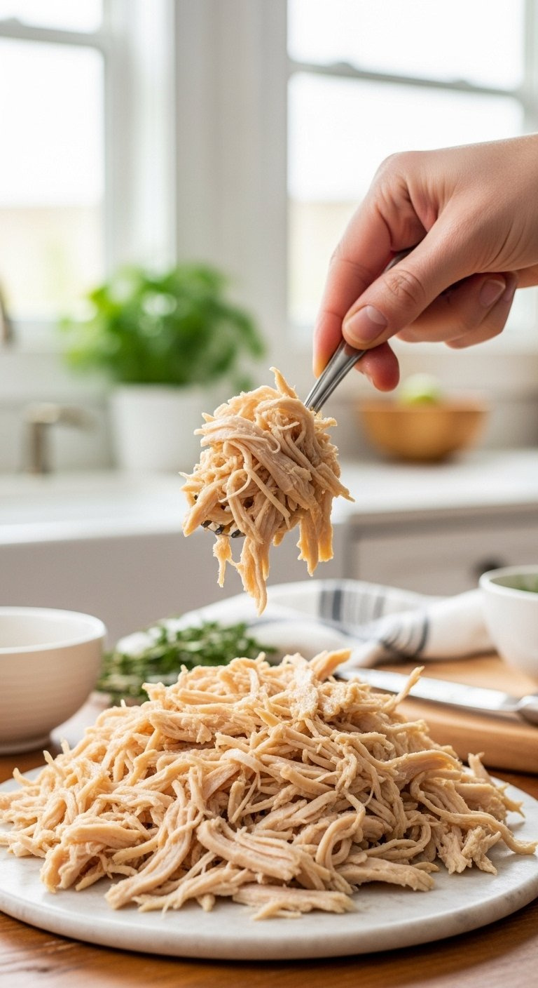 Juicy Shredded Chicken Breast With Herbs On A Rustic Wooden Table Under Soft Natural Lighting.
