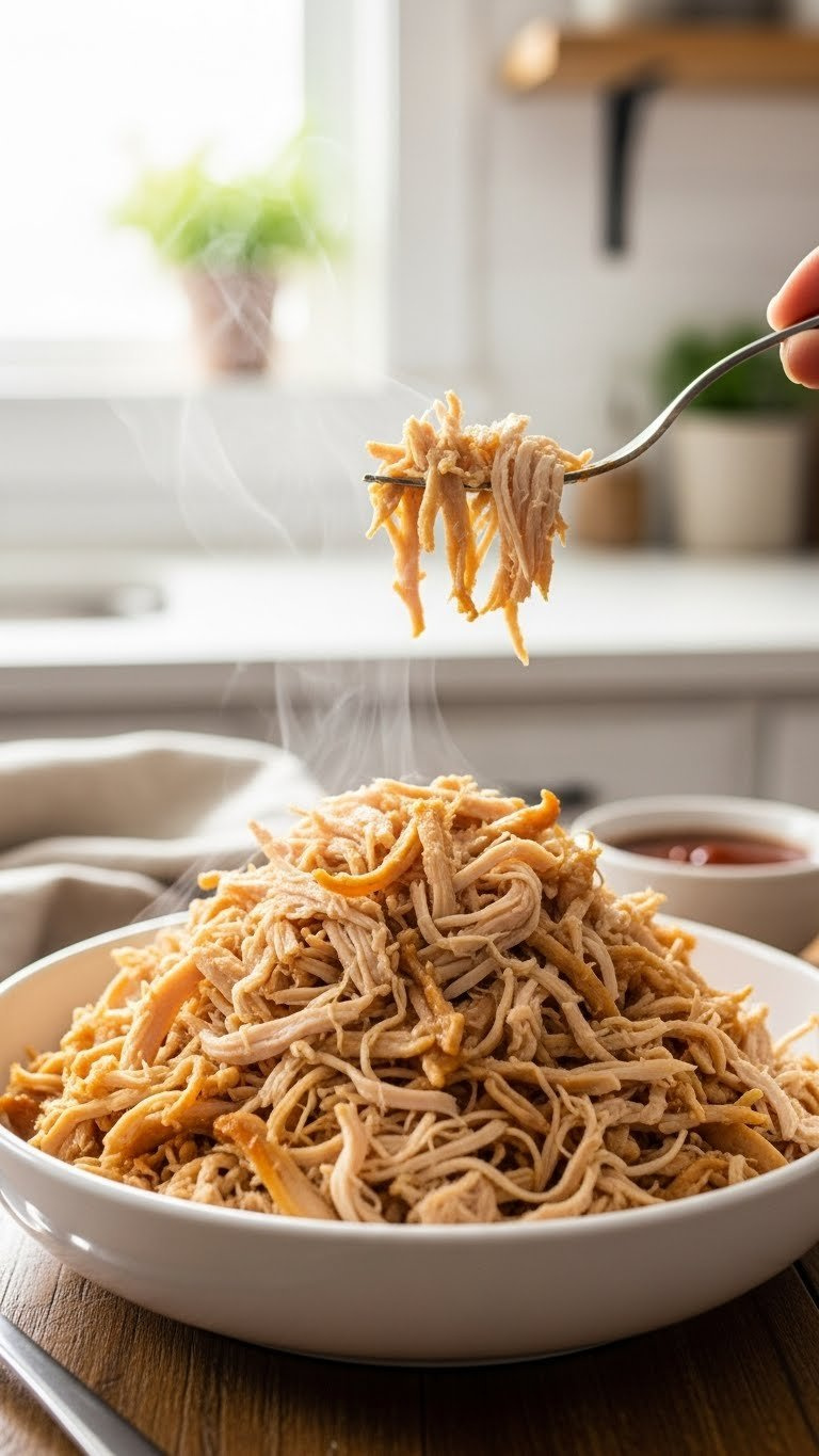 Juicy Shredded Chicken In White Bowl With Bbq Sauce And Fork On Rustic Wooden Table Background