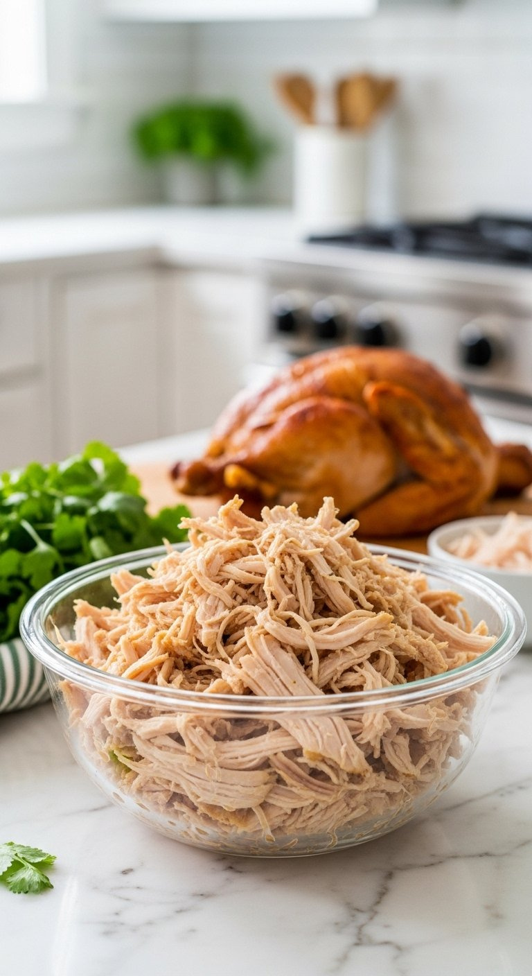 Juicy Shredded Rotisserie Chicken In A Glass Bowl On A Marble Countertop With Fresh Cilantro.