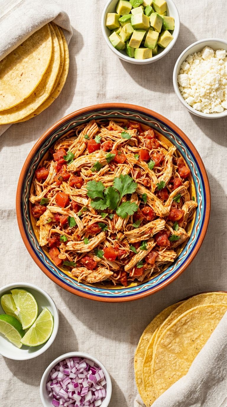 Juicy Shredded Salsa Chicken In Vibrant Ceramic Bowl Surrounded By Taco Toppings Like Avocado And Cilantro On Textured Linen