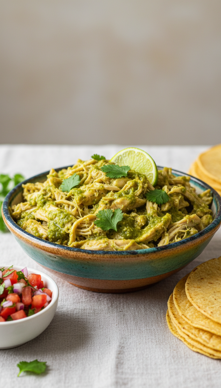 Juicy Shredded Salsa Verde Chicken In A Colorful Bowl Garnished With Fresh Cilantro And Lime.