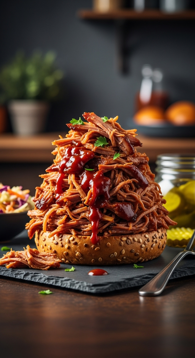 Juicy Slow Cooker Bbq Pulled Pork On A Toasted Whole Wheat Bun, Served On A Slate Board With Coleslaw And Pickles In The Background.