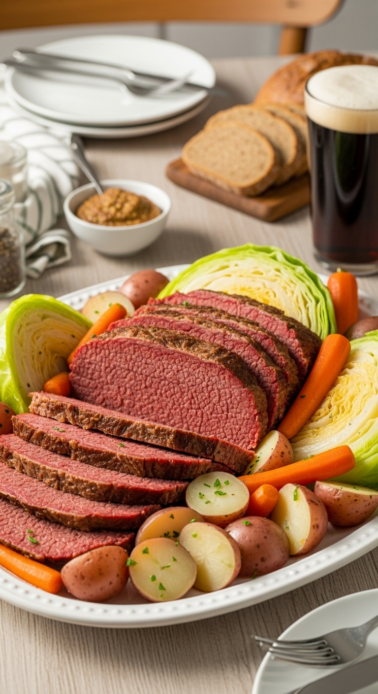 Juicy Slow Cooker Corned Beef And Cabbage Platter With Tender Beef Slices, Red Potatoes, Carrots, And Green Cabbage.