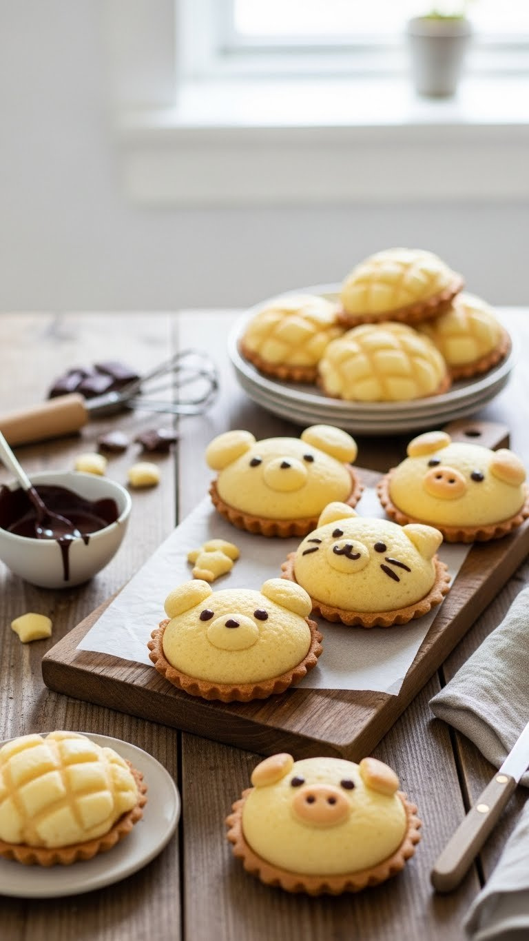 Kawaii Animal-Shaped Melonpan Arranged On Rustic Wooden Board With Chocolate Chip Details In Bright Daylight