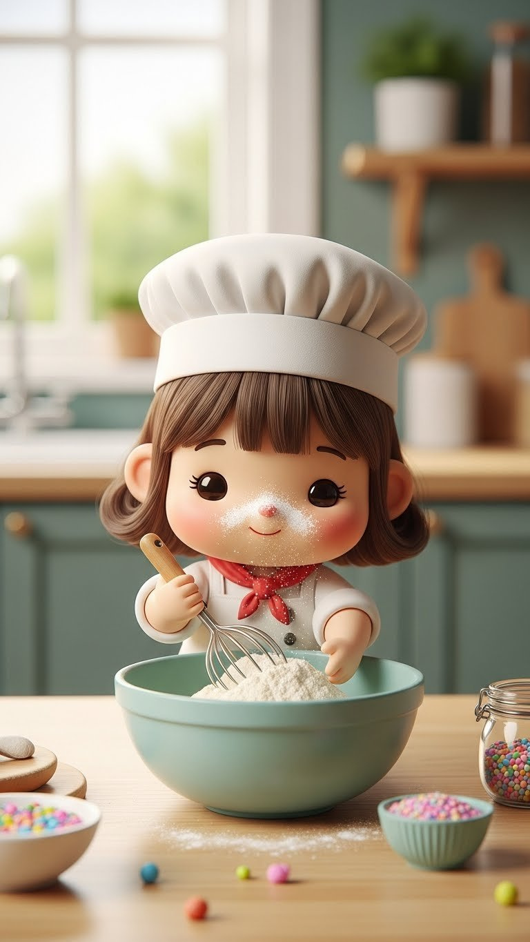Kawaii Baker Girl With Chef's Hat Mixing Batter Joyfully In Oversized Bowl With Flour On Nose