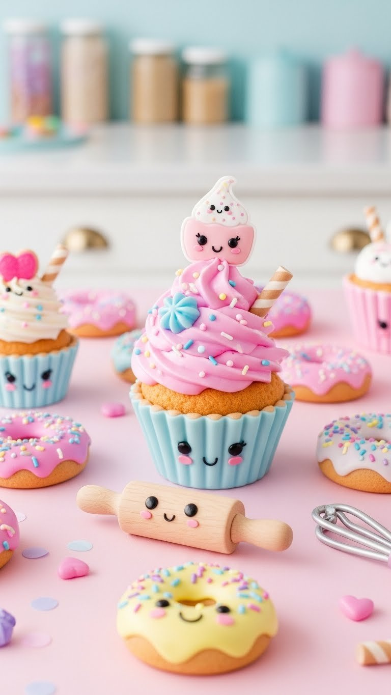 Kawaii Baking Clipart With Smiling Cupcakes And Anthropomorphic Baking Tools In Bright Pastel Colors On Pink Background