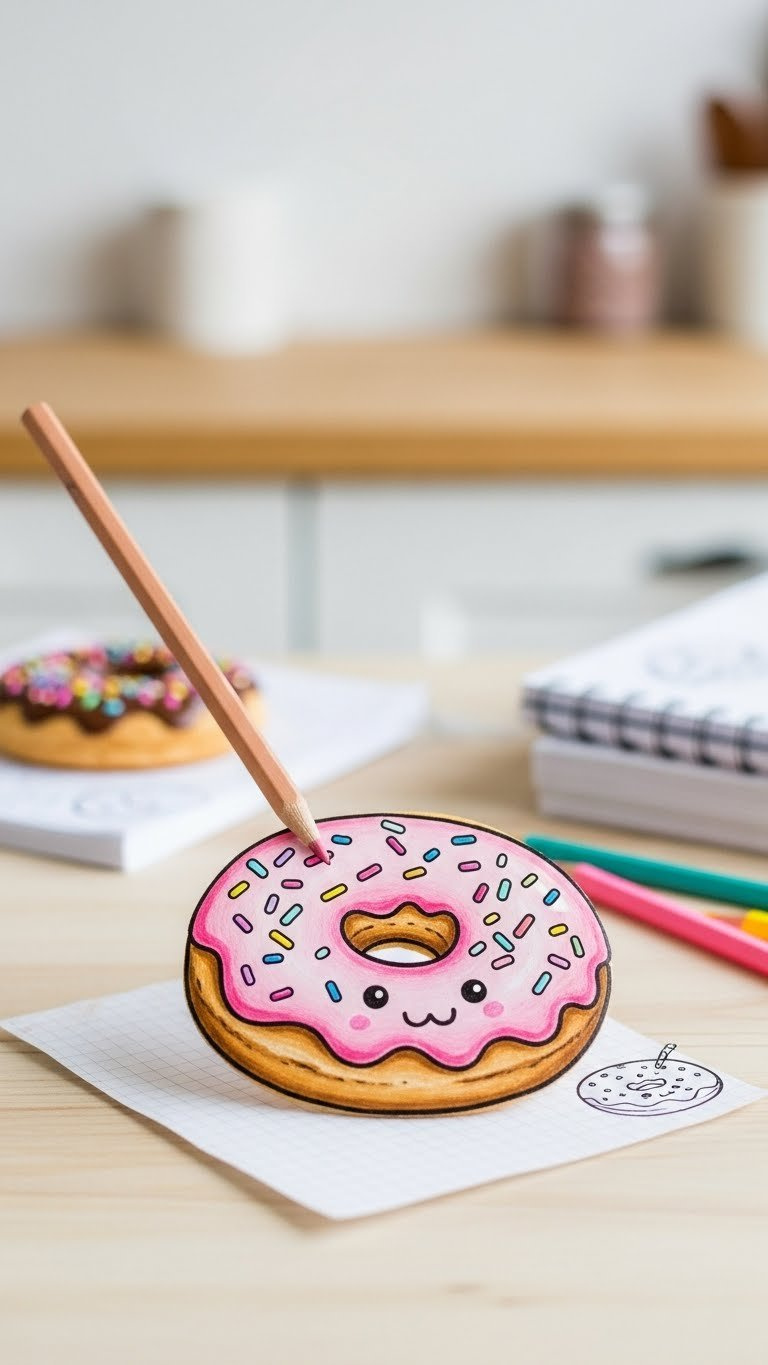Kawaii Donut Doodle With Vibrant Frosting And Sprinkles On Wooden Tabletop, Surrounded By Colored Pencils And Drawing Paper