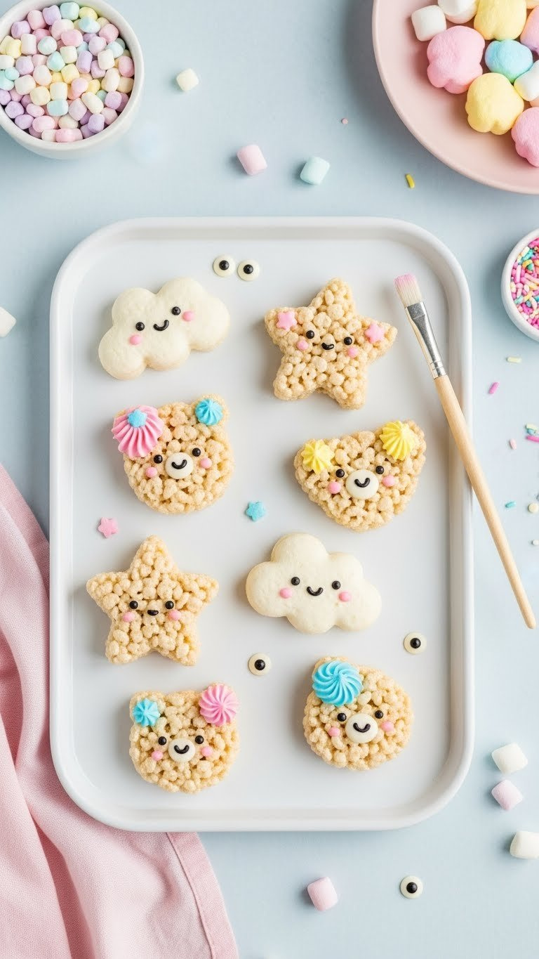 Kawaii-Inspired Pastel Rice Krispie Treats Shaped As Cute Characters On Minimalist White Tray.