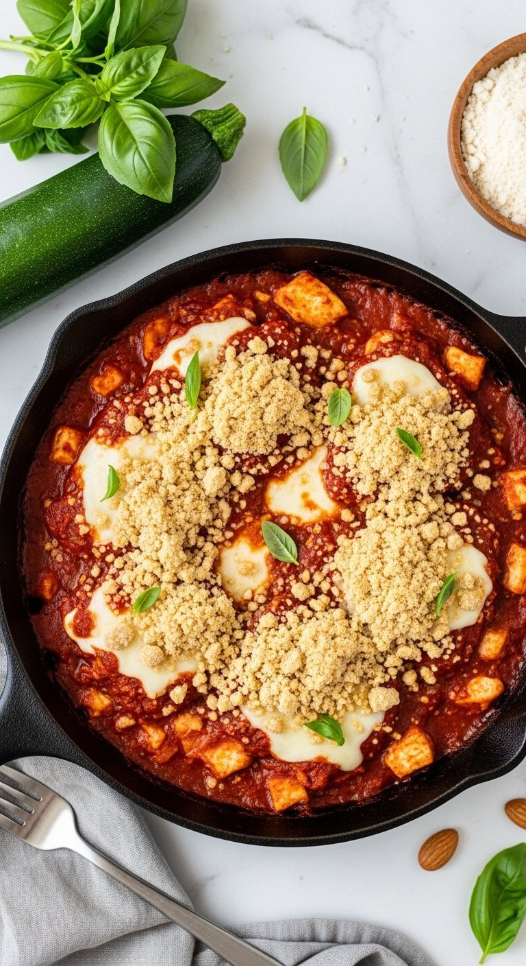 Keto Chicken Parmesan Casserole With Almond Flour Topping In A Cast Iron Skillet.