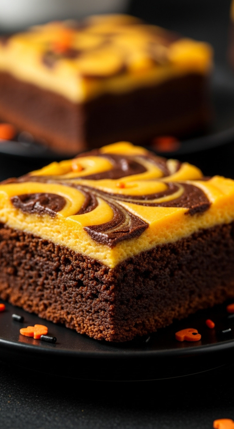 Keto Fudgy Orange Swirl Halloween Brownies On A Dark Plate