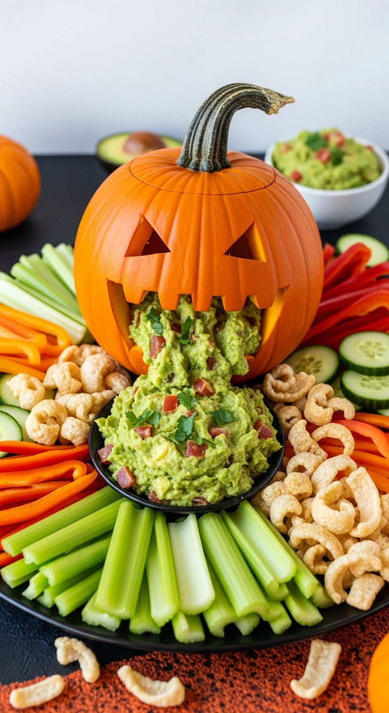 Keto Puking Pumpkin Spicy Guacamole Platter With Low Carb Dippers