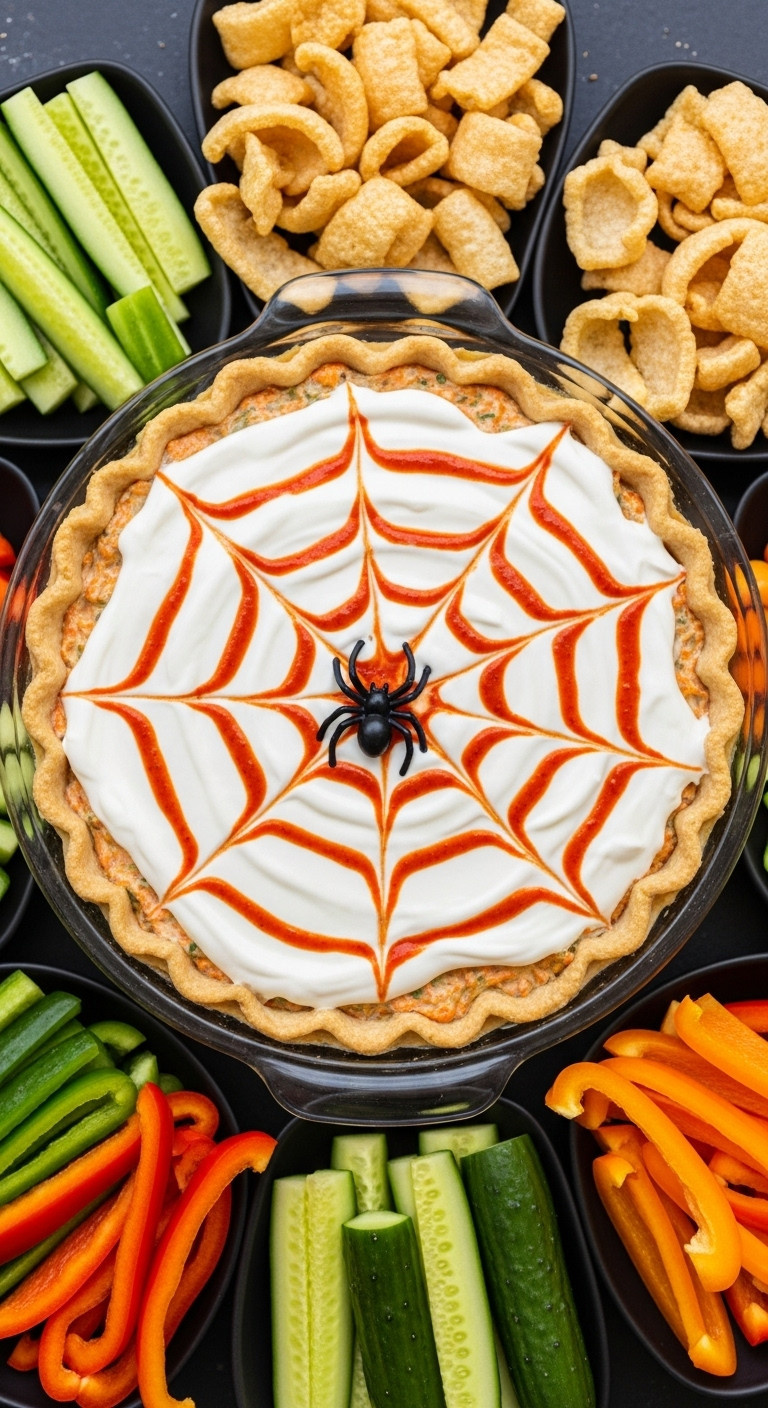 Keto Spooky 3 Layer Spider Web Dip With Veggies And Pork Rinds