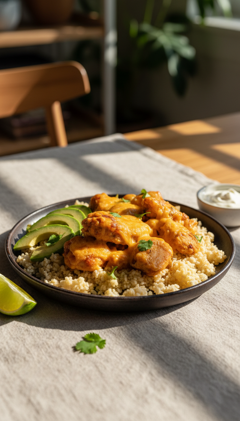 Keto Baked Queso Chicken Served Over Cauliflower Rice With Avocado And Cilantro On A Dark Plate.
