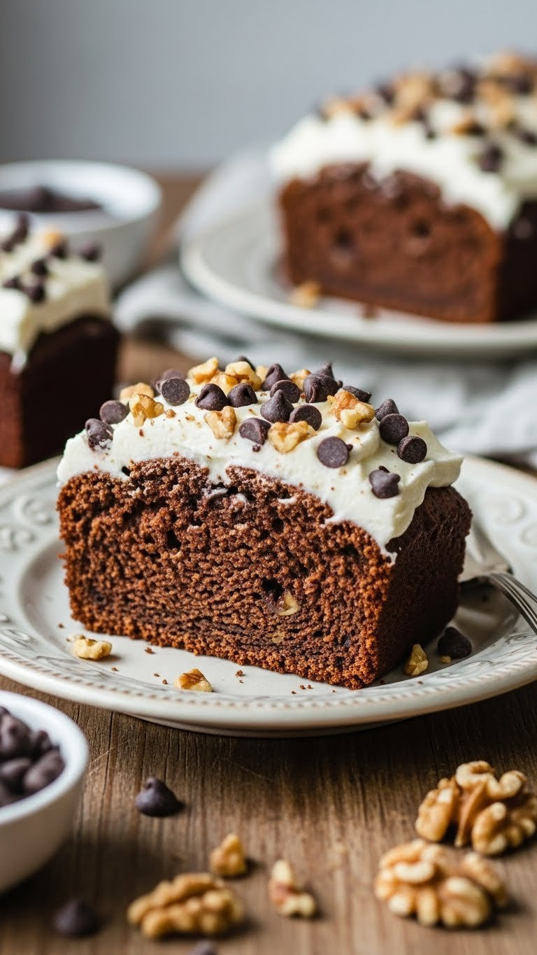 Keto Chocolate Zucchini Bread Slice Topped With Sugar-Free Cream Cheese Frosting And Chocolate Chips