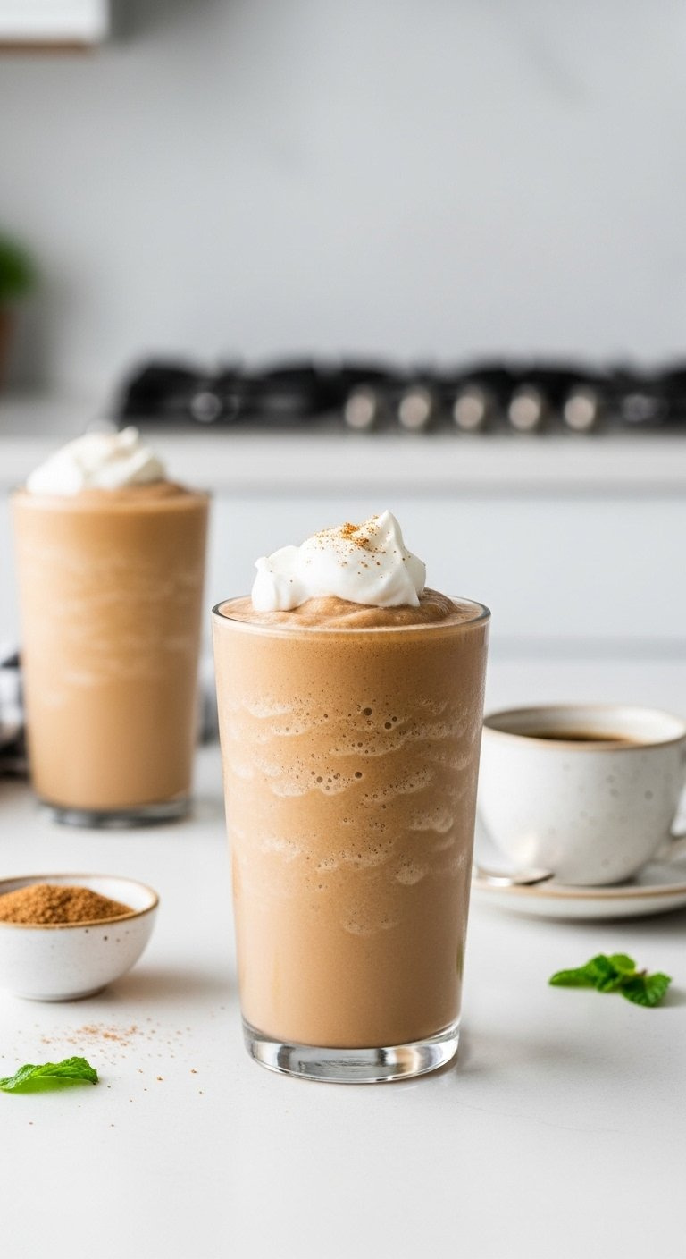 Keto-Friendly Thick Frozen Coffee With Unsweetened Whipped Cream On A Minimalist White Countertop.