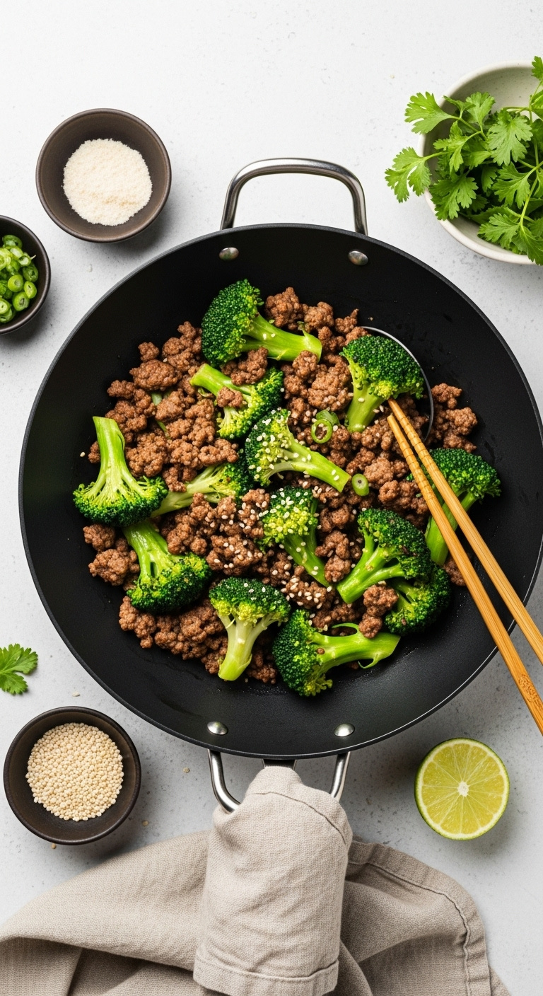 Keto Ground Beef And Broccoli Stir Fry In Dark Wok With Sesame Seeds Lime And Chopsticks On Slate Surface High-End Magazine Cover Style