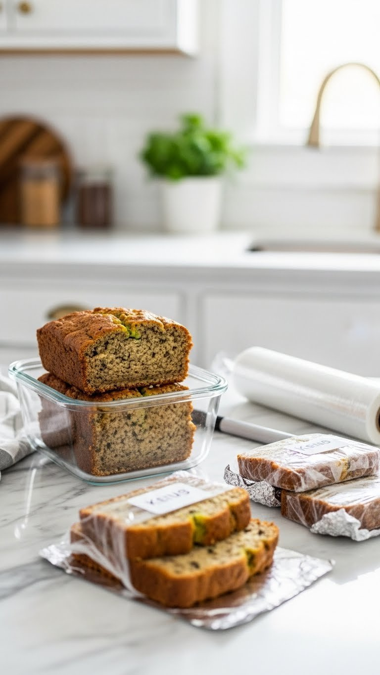 Keto Zucchini Bread Slices Stacked In Airtight Glass Container With Plastic-Wrapped Slices For Freezing