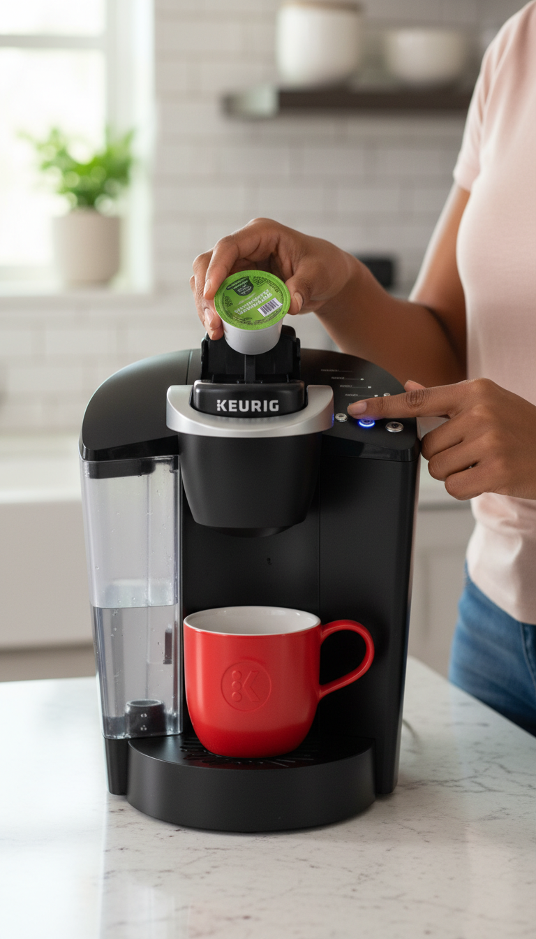 A Keurig K-Classic On A Kitchen Counter Next To A Notepad Labeled 'K-Classic Testing Log', A Stopwatch, And A Digital Thermometer.