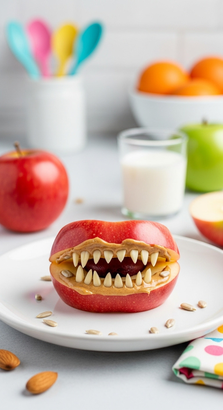 Kid-Friendly Halloween Apple Monster Mouth Snack: Red Apple Slices, Nut Butter, Almond Teeth, White Plate.