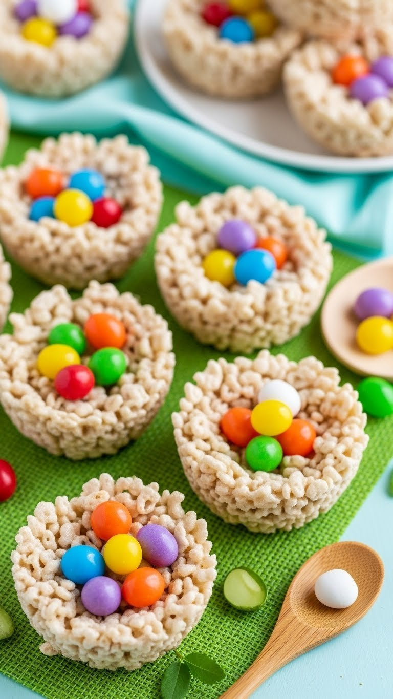 Kid-Friendly Rice Krispie Treat Nests Filled With Colorful Jelly Beans On Vibrant Green Grass-Like Placemat