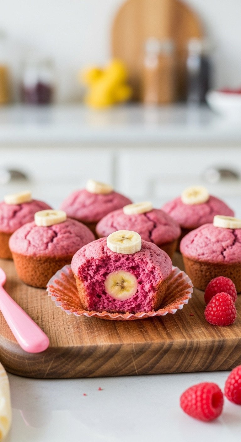 Kid-Friendly Banana Beet Muffins, Pink Hue, Moist Interior, Banana Chunks, Raspberries On Wood Board. Healthy Snack.
