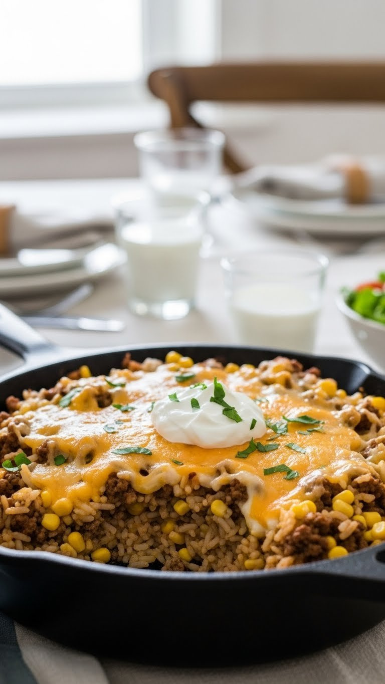 Kid-Friendly Beef And Rice Skillet Casserole With Fluffy Rice And Melted Mild Cheddar Cheese