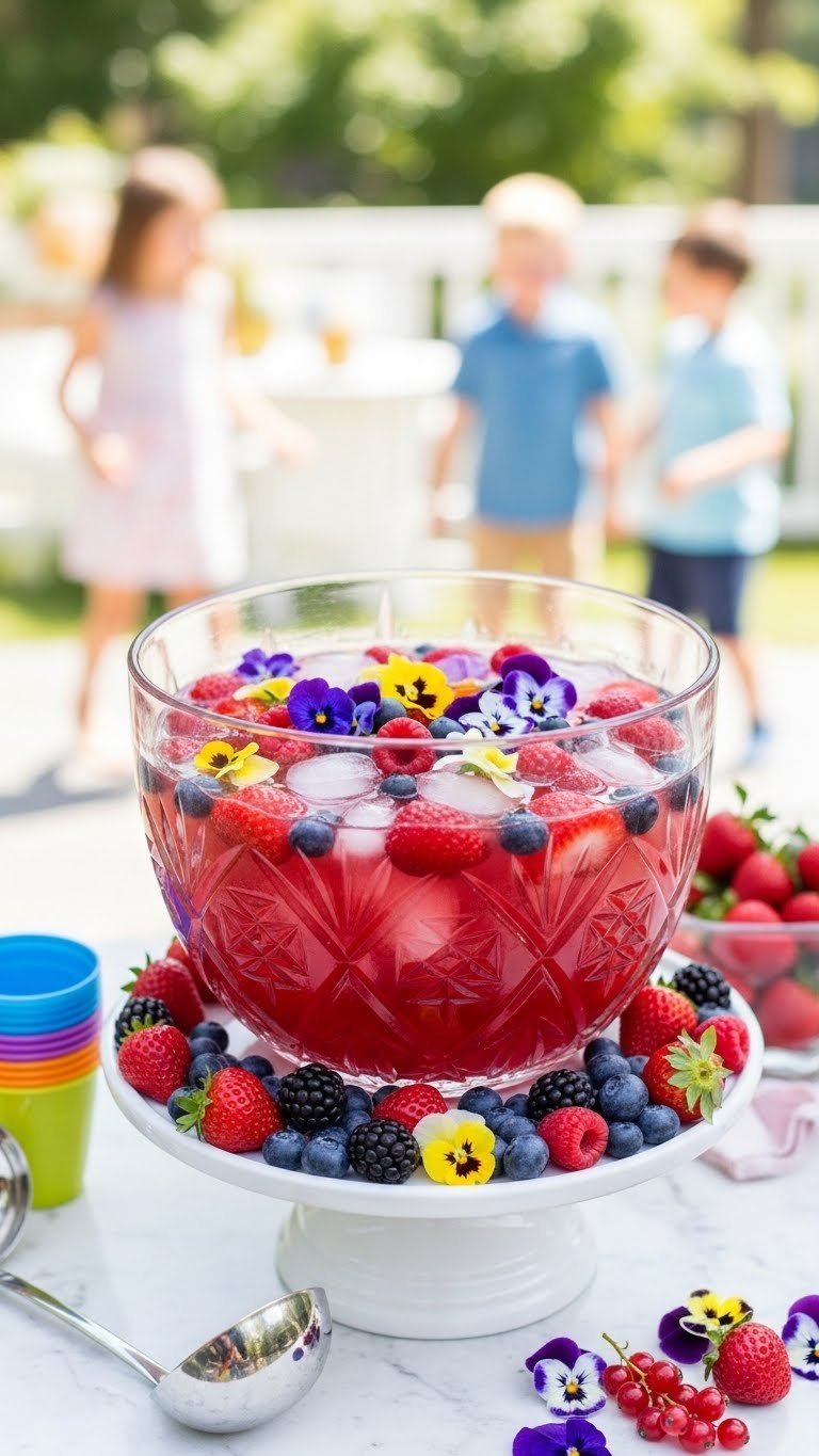 Kid-Friendly Berry Punch With Edible Flowers In Large Glass Bowl Surrounded By Colorful Berries And Plastic Cups