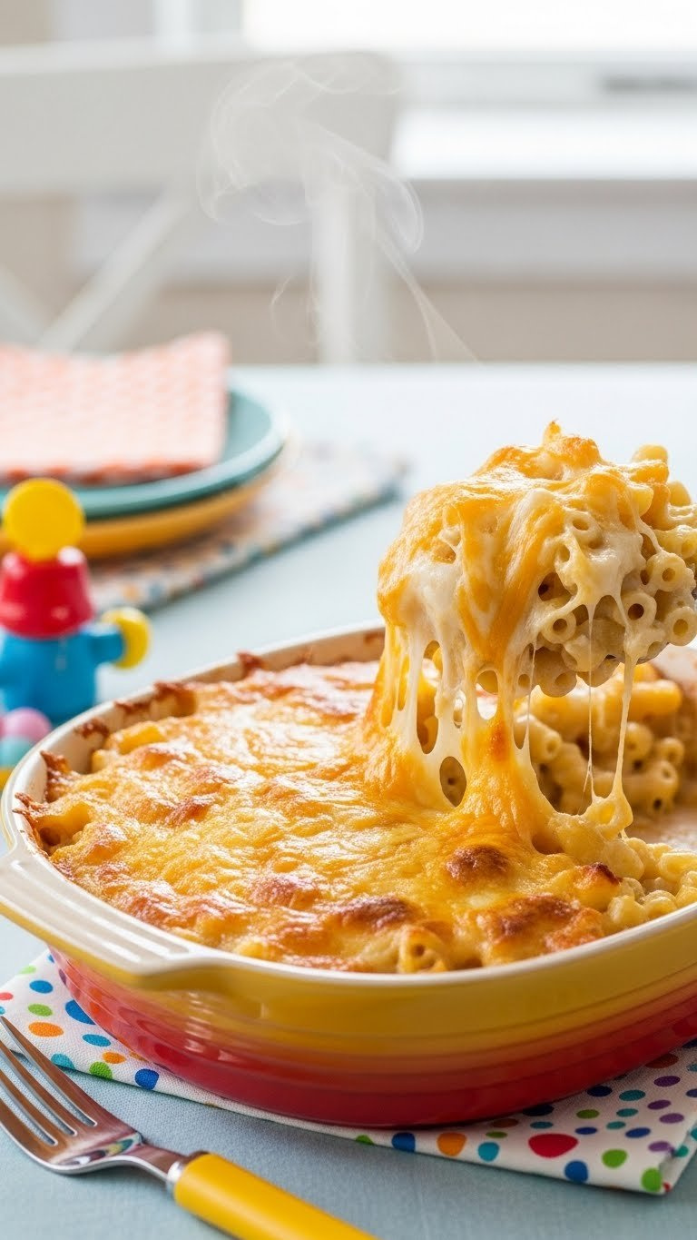 Kid-Friendly Macaroni Cheese Bake With Golden Crispy Topping In Colorful Ceramic Casserole Dish
